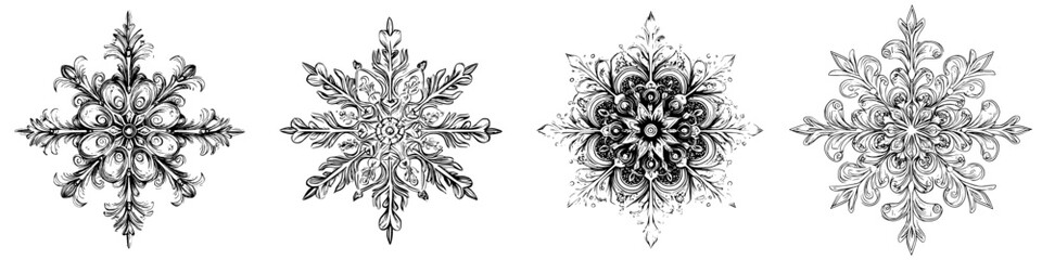 Intricate black and white ornamental designs featuring snowflake-like patterns on a white background
