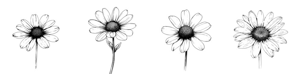 Daisy flowers in various stages of growth and blooming in a simplistic, artistic style