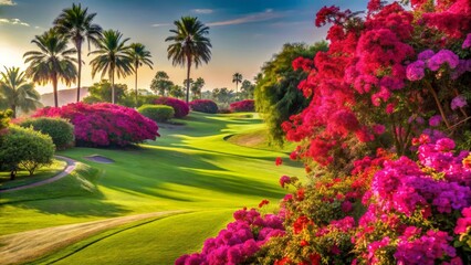 Fototapeta premium Vibrant blossoms adorn a picturesque, sun-kissed golf course landscape, showcasing lush green fairways and palm trees under a serene sky