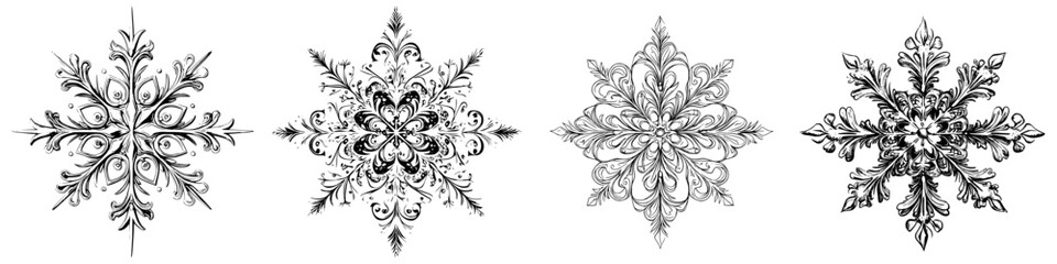Elegant black and white snowflake designs suitable for winter decoration and holiday crafts
