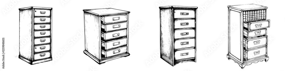 Poster different styles of wooden drawers displayed in a sketch format with varying designs and sizes