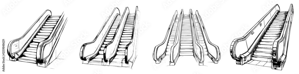 Poster detailed sketches of escalator designs showing various perspectives and features in an urban setting