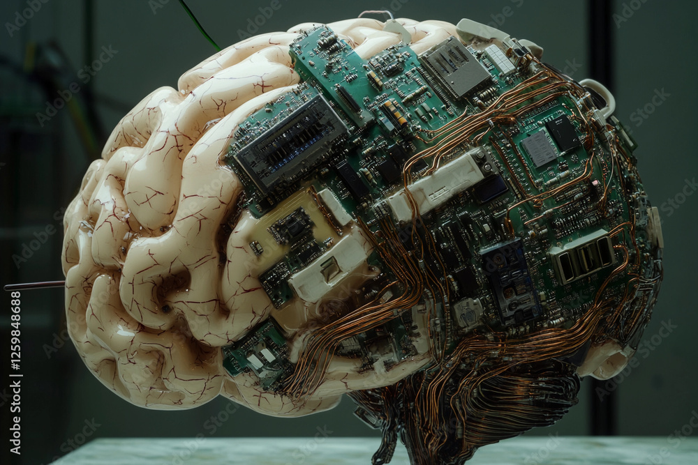 Fototapete futuristic brain design featuring circuit board elements merging technology with organic structure