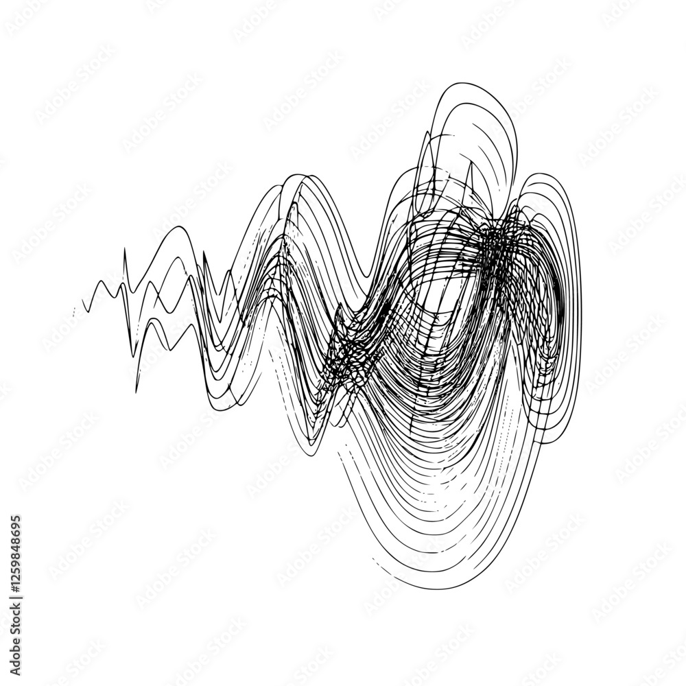 Poster sound wave visualization illustrating complex audio patterns in black and white across a blank backg