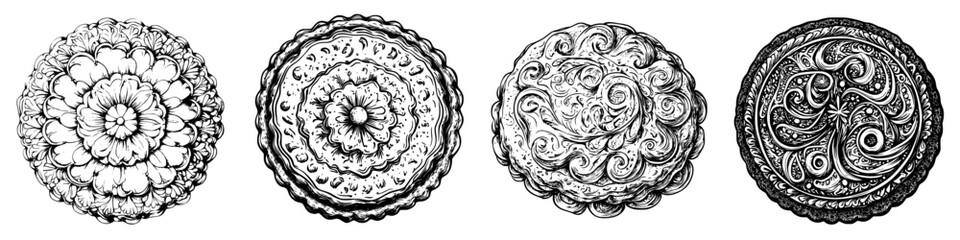 Decorative circular designs showcasing intricate patterns and floral motifs in black and white on a plain background