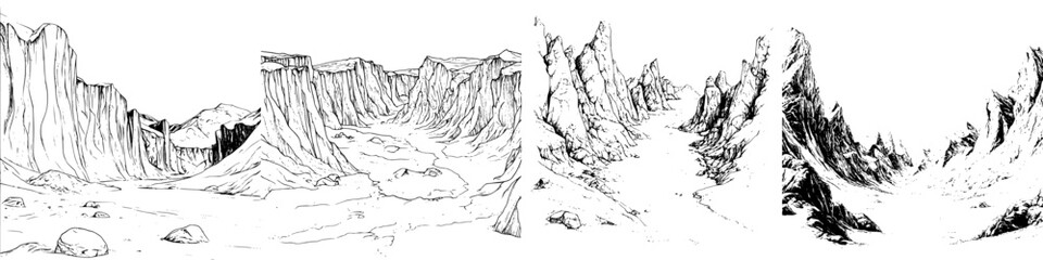 Mountainous terrain illustrated in a series of sketches showing different angles and perspectives during daytime hours