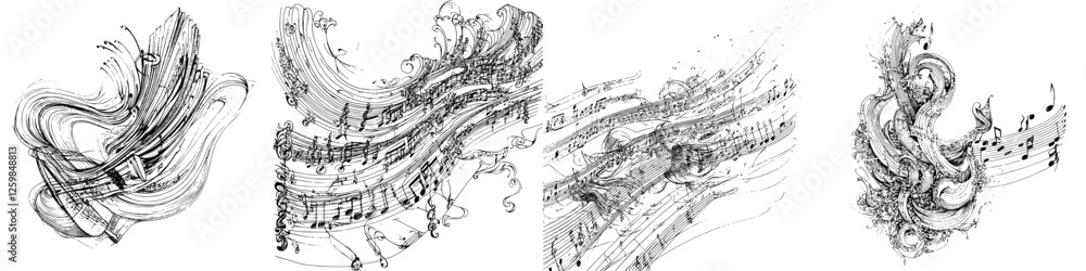 Poster artistic representation of musical notation flowing in an abstract style creating a dynamic rhythm