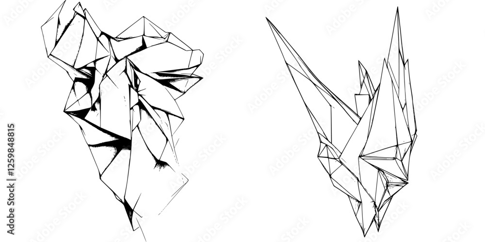 Poster stylized geometric representations of a face and a mythical creature created using intricate line ar