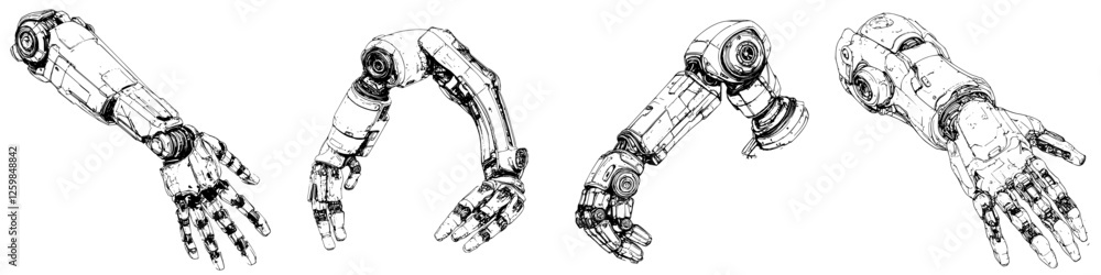 Poster robotic arms showcasing various designs and movements in a tech-oriented concept