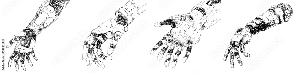 Aufkleber robotic hands demonstrating various positions and movements in a futuristic design setting