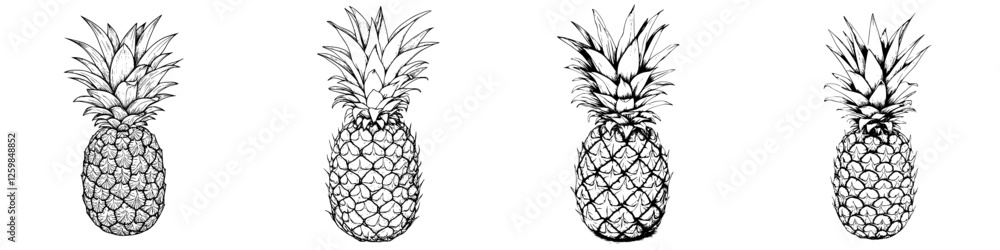 Poster multiple artistic representations of pineapples showcasing different angles and details in a sketch 
