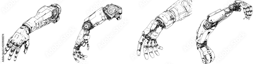 Poster robotic arm designs showcasing various poses and mechanisms for advanced technology applications