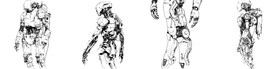 Detailed sketch of humanoid robots displaying various postures and designs in a futuristic setting