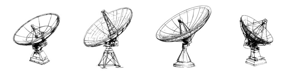Evolution of satellite dish technology showing various designs and structures in a clear progression