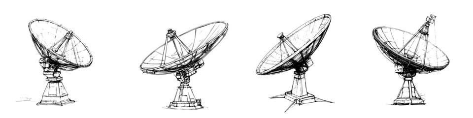 Array of satellite dishes showing various angles at a communication facility during the day