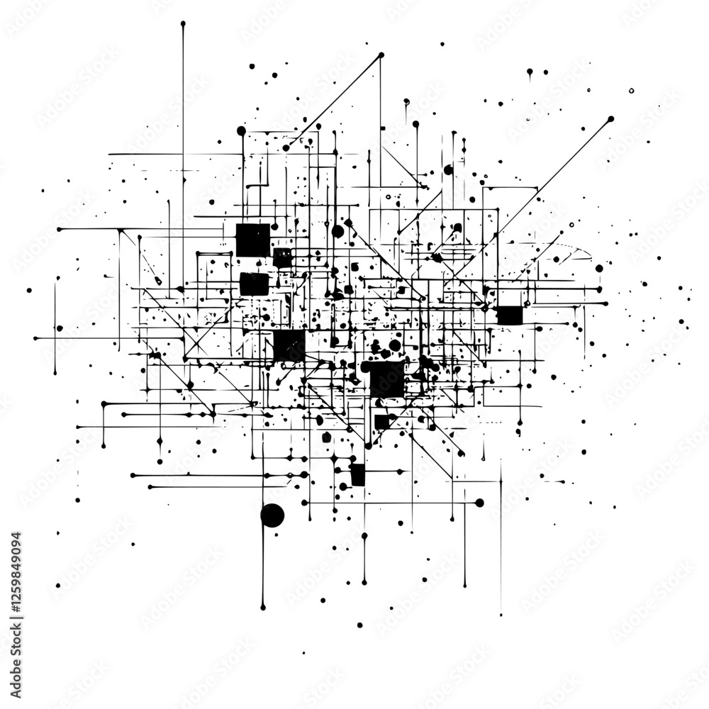 Poster abstract black and white design featuring chaotic lines and geometric shapes on a white background