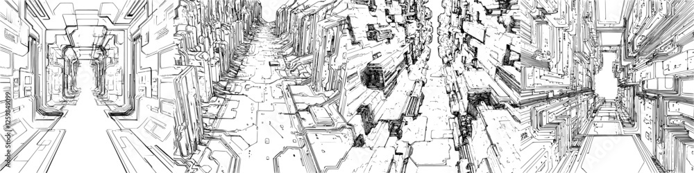 Poster futuristic cityscape featuring intricate designs and perspective lines in a monochrome setting