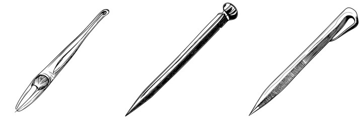 Different types of pointed tools including a needle, nail, and awl arranged in a row on a plain background