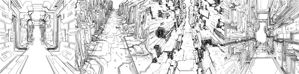 Fototapeta premium Futuristic cityscape featuring intricate designs and perspective lines in a monochrome setting
