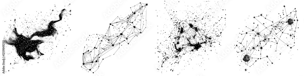 Poster abstract black and white art depicting interconnected dots and lines in a dynamic formation