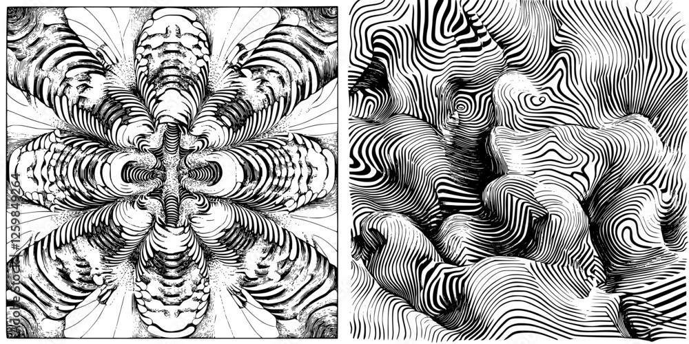Poster intricate black and white abstract patterns resembling organic forms and symmetrical designs in a co
