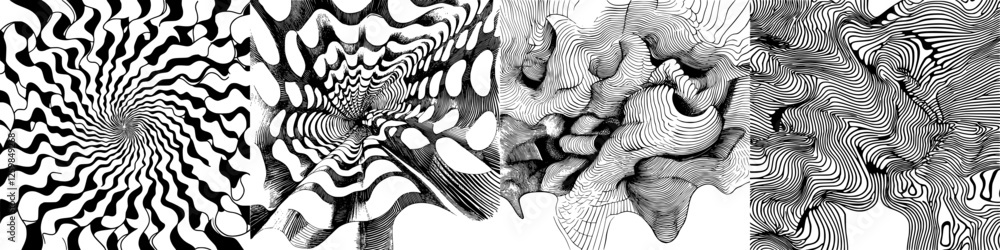 Poster unique black and white abstract design showcasing swirling patterns and fluid shapes in intricate de