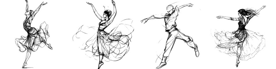 Dynamic dancers in motion showcasing graceful ballet poses during a performance in a theater setting