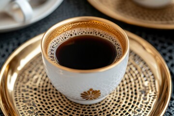 Coffee cup on a gold tray, morning beverage, relaxing drink, black coffee