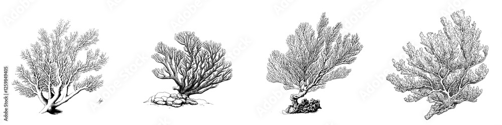 Poster detailed illustrations of various types of coral showcasing their unique structures and features in 