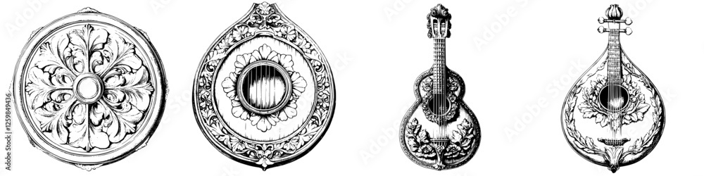 Poster detailed illustrations of string instruments showcasing intricate designs and craftsmanship in tradi