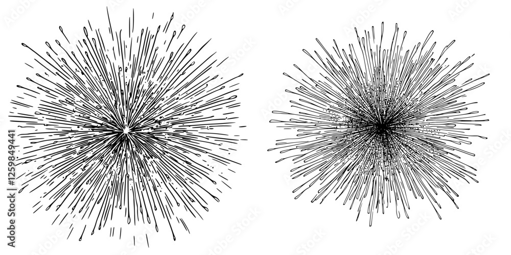 Poster abstract design of radiating lines forming a starburst effect in black and white on a plain backgrou