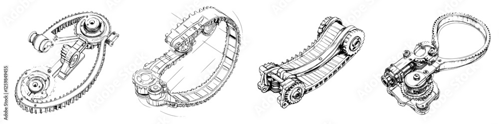 Poster illustration of mechanical components showing various designs of timing belts and pulleys in enginee