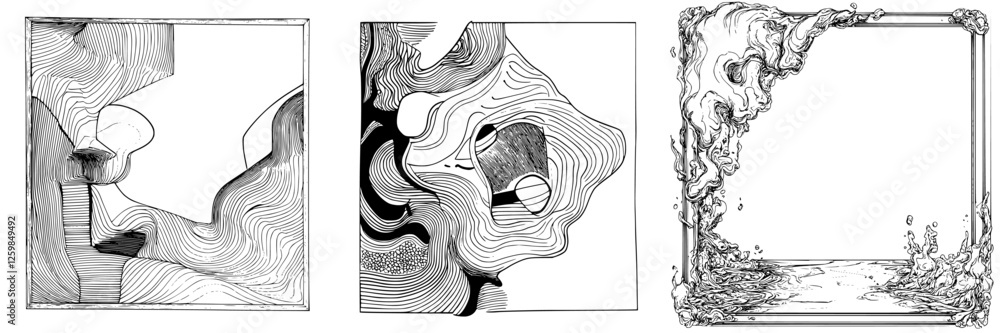 Poster artistic line drawings showcasing abstract shapes and textures with a surreal splash emerging from a