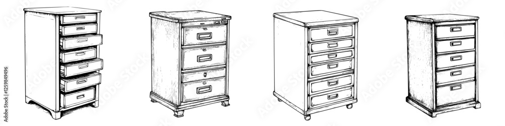 Poster drawings of various styles of storage cabinets with multiple drawers, showcasing different designs a