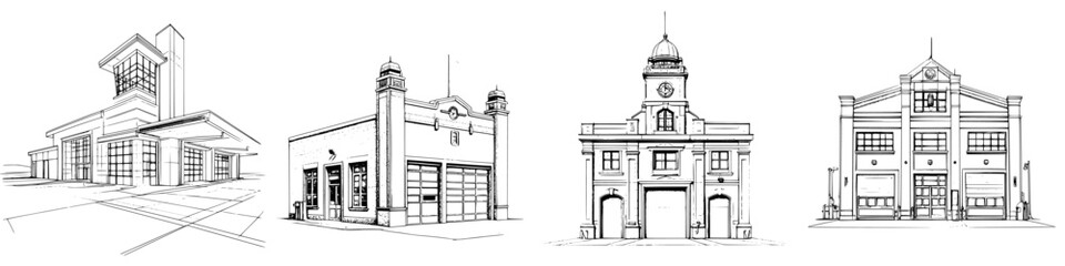 Architectural sketches showcasing diverse building designs and styles from different locations and eras