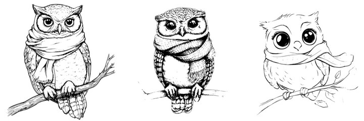 Obraz premium Cute hand-drawn vector illustration of three owls wearing scarves perched on branches