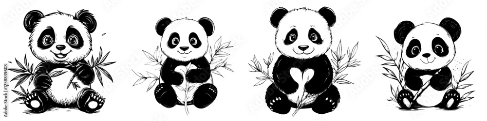 Poster playful pandas in charming hand-drawn style gathering bamboo in a whimsical setting
