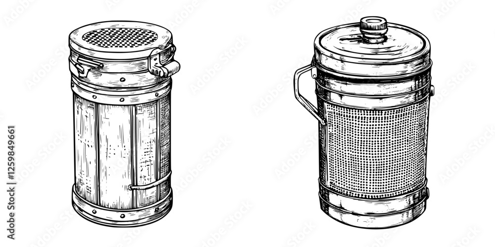 Poster handcrafted wooden and metal containers displayed together showcasing vintage design and functionali