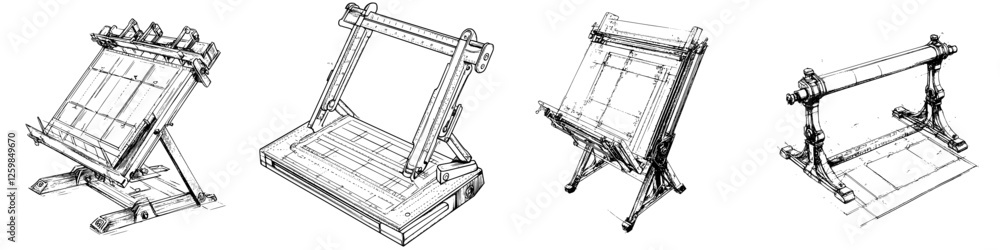 Aufkleber detailed sketches of an adjustable drafting table in various positions for artistic and technical dr