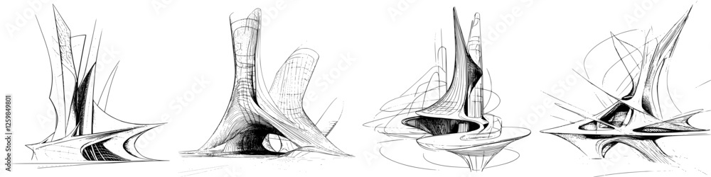 Aufkleber abstract architectural sketches showcasing futuristic design concepts from various perspectives