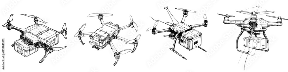 Poster detailed sketches of various drone designs showcasing advanced technology and functionality for mult