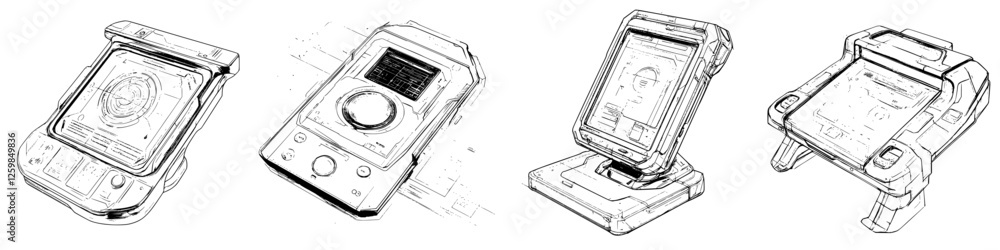 Poster sketch of four futuristic devices showcasing advanced technology designs and innovative functionalit