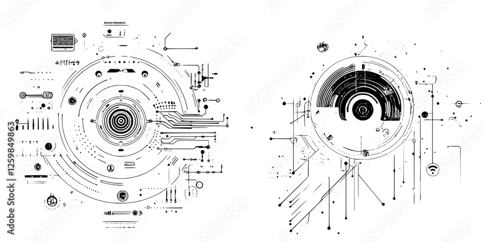 Poster abstract digital art showcasing circular patterns and intricate design elements in black and white