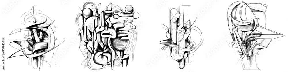 Aufkleber abstract black and white artwork featuring dynamic geometric forms and lines created in a contempora