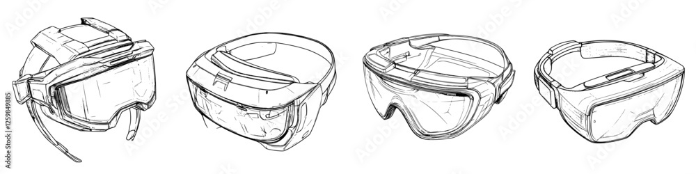 Poster sketches of futuristic head-mounted display designs showcasing various styles and features for enhan