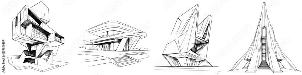 Poster architectural sketches showcasing innovative designs in modern architecture from various angles and 