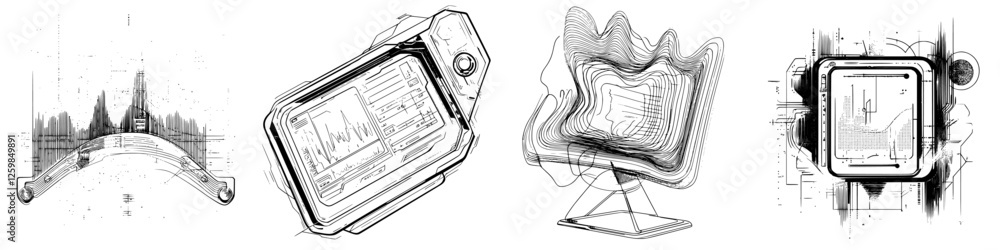 Poster artistic exploration of technology and design showcased through abstract illustrations depicting mod