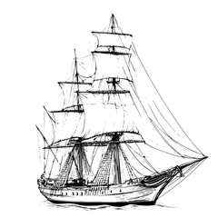 Historic sailing ship with full sails navigating through calm waters at dusk