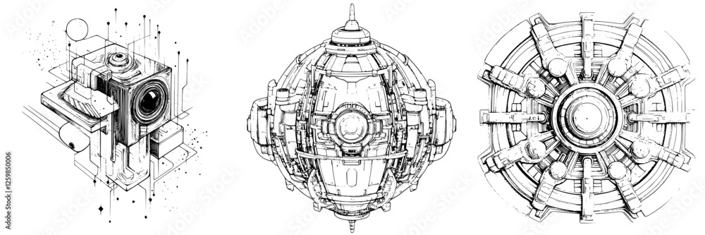 Poster futuristic mechanical designs featuring intricate details and dynamic forms in a digital illustratio