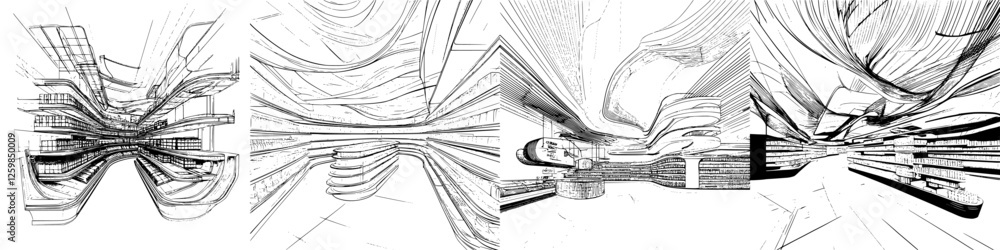 Poster intricate urban design sketches showcasing abstract structures and innovative architecture perspecti